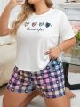 Plus Size Letter & Heart Print Short Sleeve T-Shirt And Shorts Pajama Set