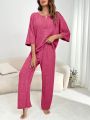 Women's Knitted Top With 3/4 Sleeves And Long Pants Home Clothing Set