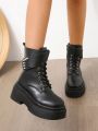 Women's Platform Wedge Heel Motorcycle Boots With Zipper And Lace-up Design, Black, Autumn And Winter New Arrival