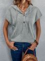 Half-Buttoned Bat-Wing Sleeve Drawstring Hoodie With Short Sleeves