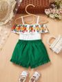 SHEIN Baby Girl Summer Vacation Floral Patterned Ruffle Hem Tank Top & Shorts Set