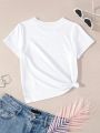 SHEIN Girls' Cute Cartoon & Emoticon Pattern Short Sleeve T-Shirt