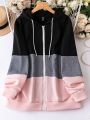 Plus Colorblock Zip Up Drawstring Hoodie