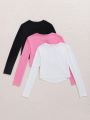 SHEIN Kids EVRYDAY Big Girls' Knitted Solid Color Round Neck Casual T-Shirts, 3pcs/Pack