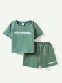 Cozy Cub 4pcs/Set Baby Boys' Casual Letter Print Round Neck Short Sleeve T-Shirt And Shorts Outfits