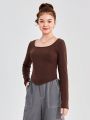 SHEIN Teenage Girls' Knitted Solid Color U Neck Long Sleeve T-shirt 3pcs/set