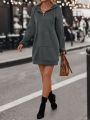 Kangaroo Pocket Lace Patched Drop Shoulder Drawstring Hooded Sweatshirt Dress