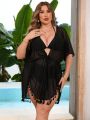 SHEIN Swim Vcay Plus Size 1 Piece See-Through Swimsuit Kimono-Style Cover-Up With Tassel Decoration