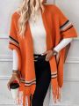 SHEIN LUNE Striped Pattern Fringe Hem Batwing Sleeve Fringe Trim Duster Cardigan