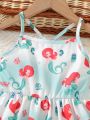 SHEIN Kids QTFun Little Girl's Casual Vacation Sleeveless Strap Dress With Mermaid Print, Elastic Waistband, And A-Line Skirt For Summer