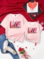 Women Letter Heart Valentine's Day Printed Short Sleeve T-Shirt Mommy And Me Matching Outfits(2 Pieces Are Sold Separately)