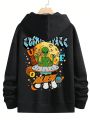 Men's Plus Size Hooded Fleece Sweatshirt With Cartoon And Letter Print