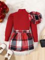 Little Girls' Solid Color High Neck T-shirt And Plaid Button Detail Skirt Two Piece Set