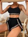 SHEIN Swim BohoFeel Women'S Geometric Jacquard Strap Splice Fringe Hem Bikini Set