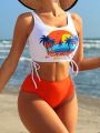 Women's Tropical Print Sleeveless Vest And Solid Color Triangle Bottom Bikini Set