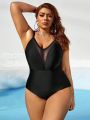 SHEIN Swim BAE Plus Size Women's Mesh Splice Cross Back One Piece Swimsuit