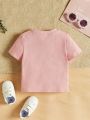 SHEIN Baby Girl Knitted Cartoon Printed Letter Short Sleeve Tee With Round Neckline, Suitable For Summer