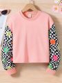 SHEIN Tween Girl Checkerboard & Floral Print Drop Shoulder Sweatshirt