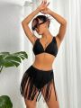 SHEIN Swim Vcay Solid Colored Fringe Decorated Bikini Swimsuit Set