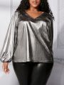 SHEIN CURVE+ Plus Size V-neck Long Sleeve Shirt