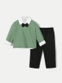 SHEIN Baby Boy Bow Front 2 In 1 Tee & Pants