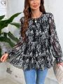 SHEIN LUNE Women's Chiffon Small Floral Print Round Neck Long Sleeve Shirt