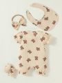 Newborn Baby Girl Bear Print Button Front Puff Sleeve Romper