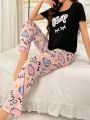 Letter Eyelashes Print T-Shirt&Cartoon Print Pants Pajama Set