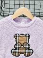 SHEIN Young Girl Bear Embroidery Teddy Sweatshirt & Plaid Pants