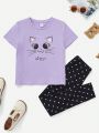 SHEIN Kids EVRYDAY Girls' Knitted Slim Fit Letter Cartoon Print T-Shirt With Polka Dot Casual Pants, 2pcs/Set