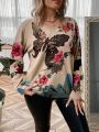 Plus Butterfly & Floral Pattern Drop Shoulder Sweater