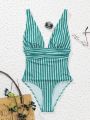 SHEIN Swim Vcay Striped Plunging Neck One Piece Swimsuit