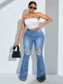 SHEIN SXY Plus Size Washed Ripped Flared Jeans