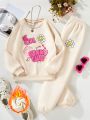 SHEIN Kids Cooltwn Girls' Cartoon Letter Print Fleece Sweatshirt And Sweatpants Set