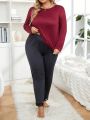 Plus Size Women's Lace Panel Back Short Sleeve T-shirt And Long Pants Pajama Set