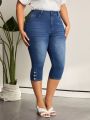 SHEIN LUNE Women's Plus Size Water Washed Skinny Buttoned 3/4 Length Jeans