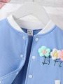 Young Girl Embroidered 3d Floral Decoration Single Jacket With Color Blocking, Cute And Minimalistic Style, Perfect For Autumn And Winter Holidays