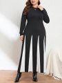 SHEIN Privé Plus Size Women's Color Collision Splice Long Sleeve Dress