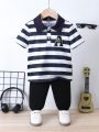 SHEIN Kids SPRTY Toddler Boys' Sporty Striped Collared Short Sleeve Polo Shirt With Letter Embroidery For Summer