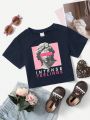 SHEIN Baby Girls' Street Style Sculpture & Slogan Print Short Sleeve T-Shirt