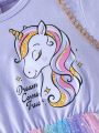 Little Girl'S Unicorn Print Patchwork Gradient Sequin Mesh Dress