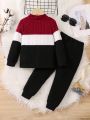 SHEIN Kids EVRYDAY Toddler Boys' Letter Print Color Block Long Sleeve Top And Pants Set For Autumn And Winter