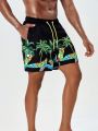 Men'S Coconut Tree & Cartoon Printed Beach Shorts With Slanted Pockets