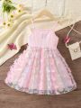 SHEIN Kids SUNSHNE Young Girl Light Pink 3d Butterfly Romantic Sweet Comfortable Spaghetti Strap Dress For Summer