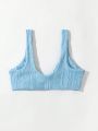 SHEIN Swim Basics Women's Textured Twist Knot Blue Bikini Top