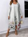 Flower Printed Plus-size Dress And Open-front Coat Set