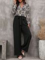 SHEIN LUNE Women's Pattern Printed Lantern Sleeve Shirt And Pants Set