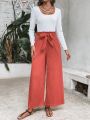 SHEIN VCAY Ladies' Solid Color Big Round Collar T-shirt With Paper Bag Waist Belt And Wide Leg Pants Two Piece Set