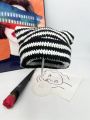 1pc Korean Style Cute Cat Ear Striped Knitted Hat For Women, Winter Ear Protection Warm Headgear