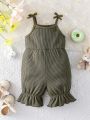 Infant Girls' Casual Solid Color Ruffle Hem Footed Romper, Suitable For Traveling